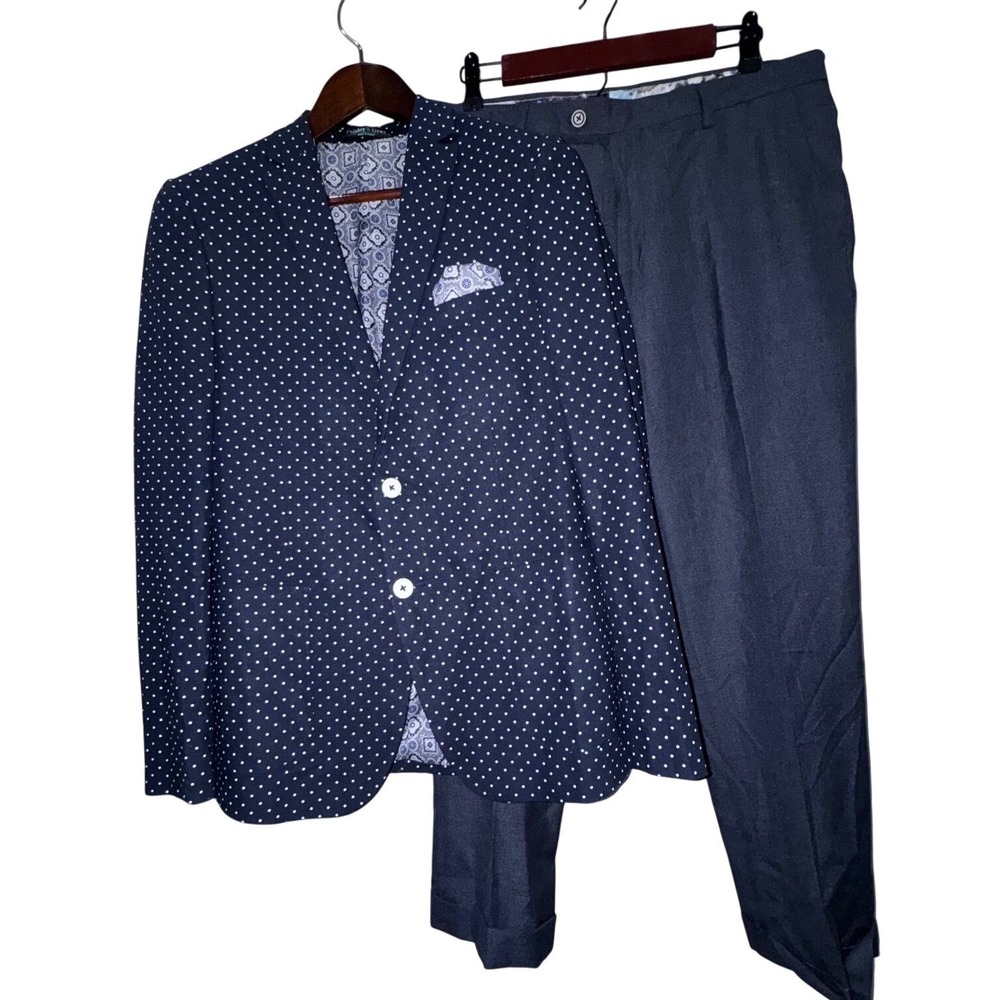 Paisley & Gray‎ Men's Navy Polka Dot Slim Fit Suit Blazer 38R EUC Pants 33 NEW